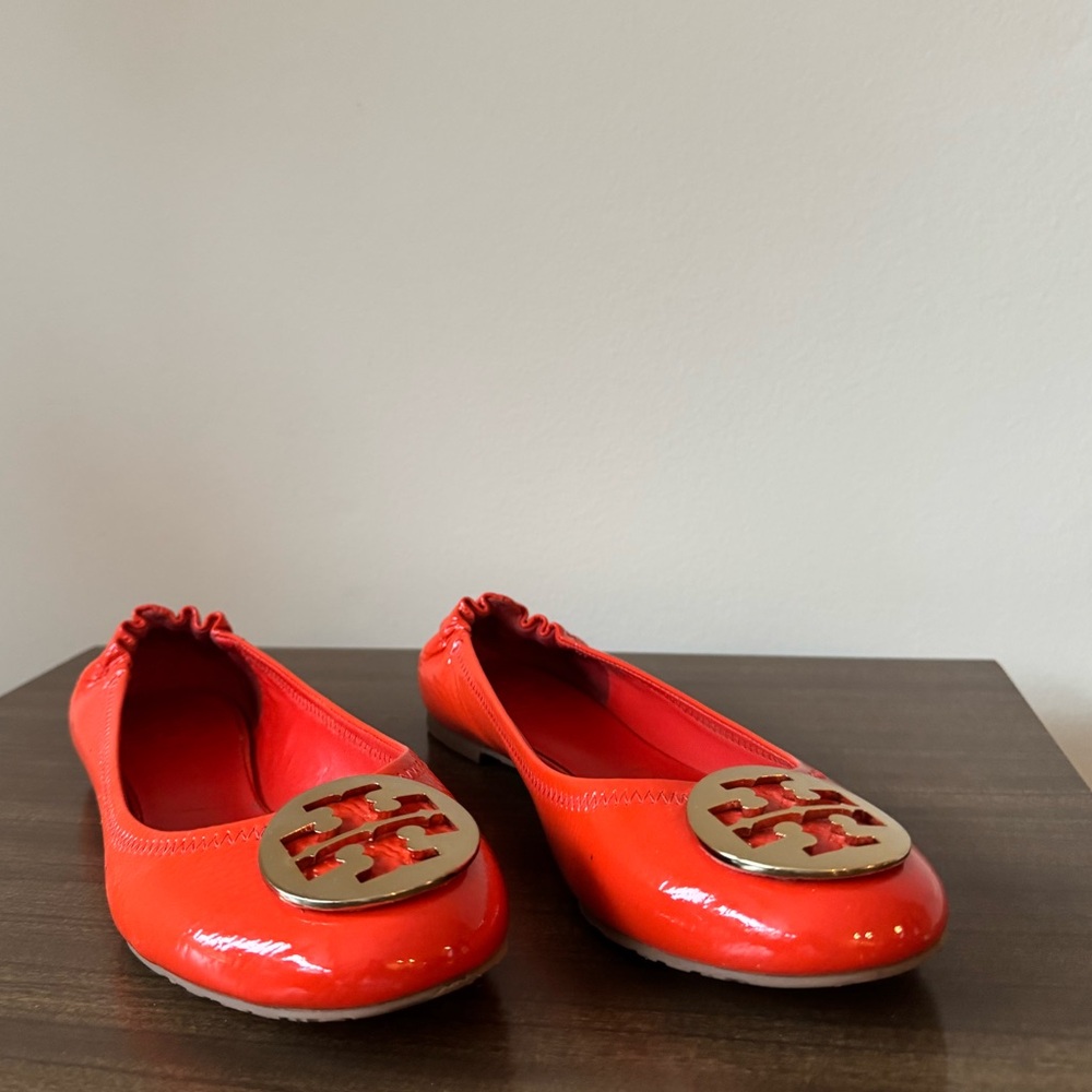 Tory Burch Reva Flats Patent Leather Orange Size 9.5